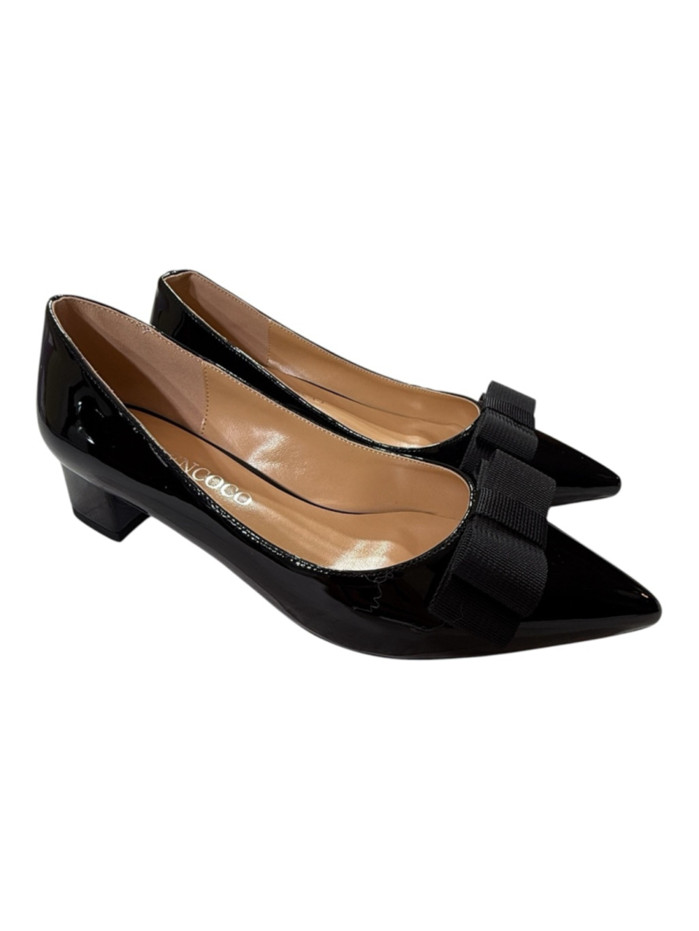 Modencoco Black Patent Heels US 7 Pointed Toe Bow Low Block Heel Pumps
